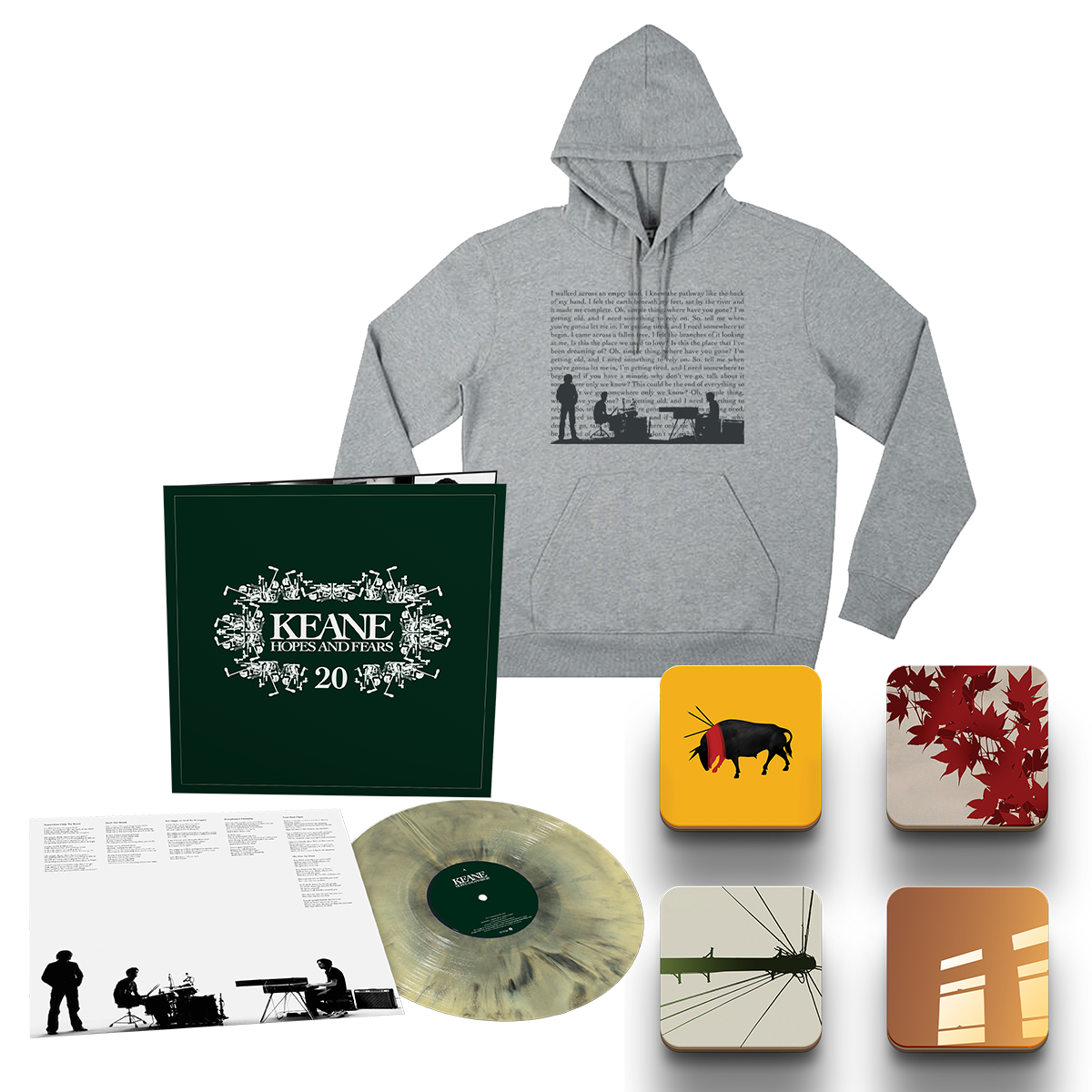 20th Anniversary Limited Galaxy Vinyl LP + Somewhere Only We Know lyric hoodie + Hopes and Fears single art coaster set